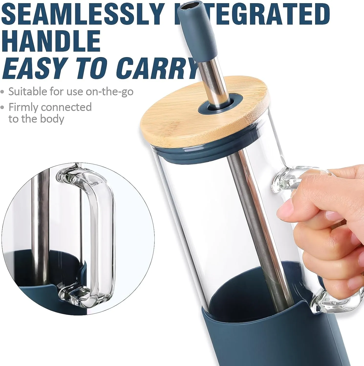 MUKOKO Glass Cups With Lids and Straws, 20oz Glass Tumbler with Straw and Handle, Iced Coffee Cups with lids - Bamboo Lid & On the Go Lid, Leak Proof Tumbler with Silicone Sleeve(Dark Blue)