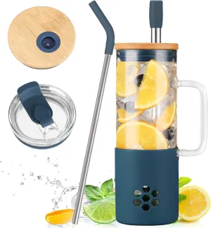 MUKOKO Glass Cups With Lids and Straws, 20oz Glass Tumbler with Straw and Handle, Iced Coffee Cups with lids - Bamboo Lid & On the Go Lid, Leak Proof Tumbler with Silicone Sleeve(Dark Blue)