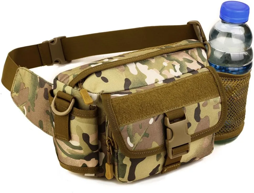 Multi Functional Waist Pack Military Single Shoulder Hip Belt Fanny Bag Water Resistant Waist Pouch with Water Bottle Pocket Holder for Hiking Climbing Outdoor Bumbag (CP Camouflage)
