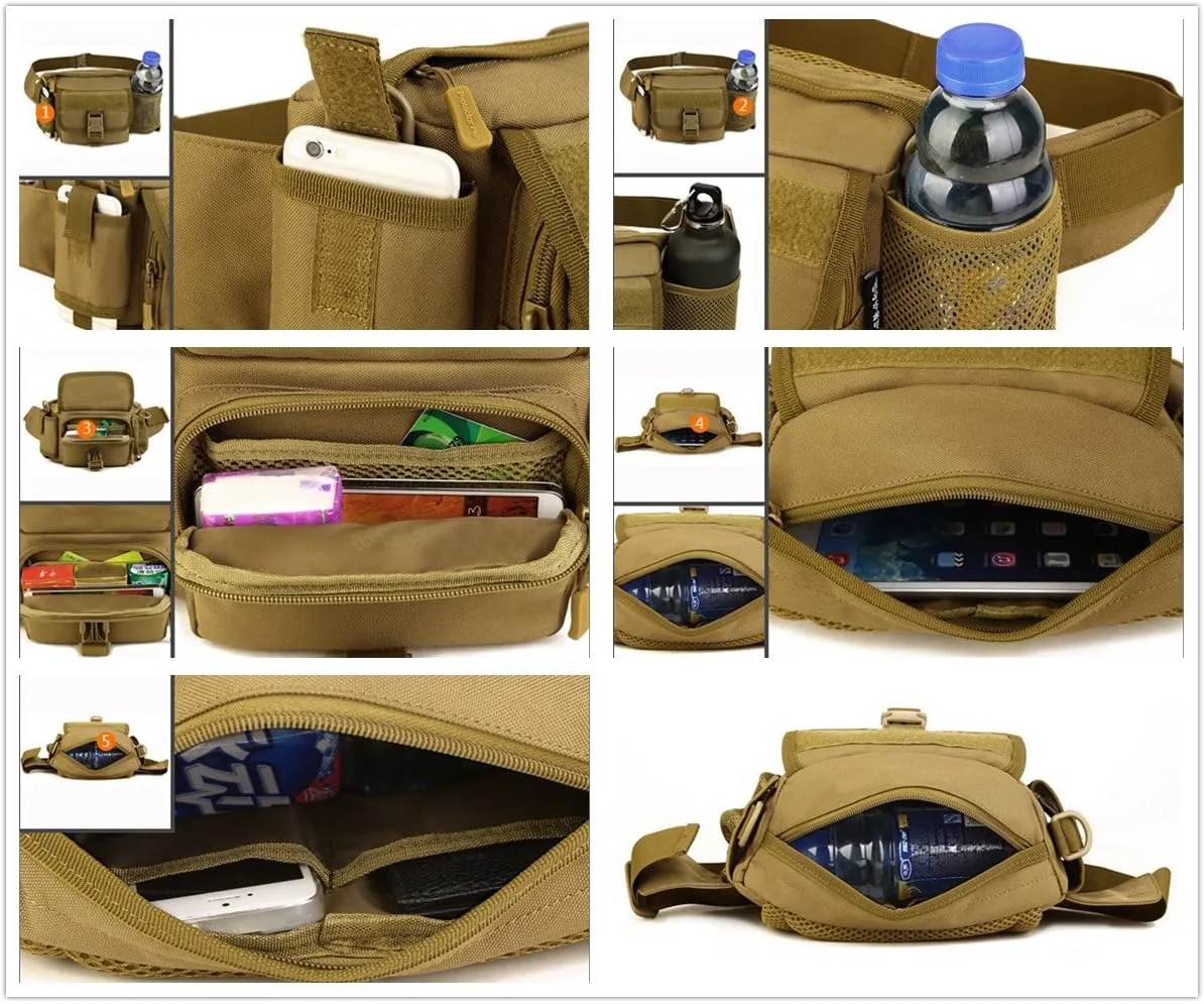Multi Functional Waist Pack Military Single Shoulder Hip Belt Fanny Bag Water Resistant Waist Pouch with Water Bottle Pocket Holder for Hiking Climbing Outdoor Bumbag (CP Camouflage)