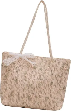 Multipurpose Woven Straw Shoulder Bag With Lace Bowknot Embroidery Flower Large Capacity Handbag For Beach Or Travel Use