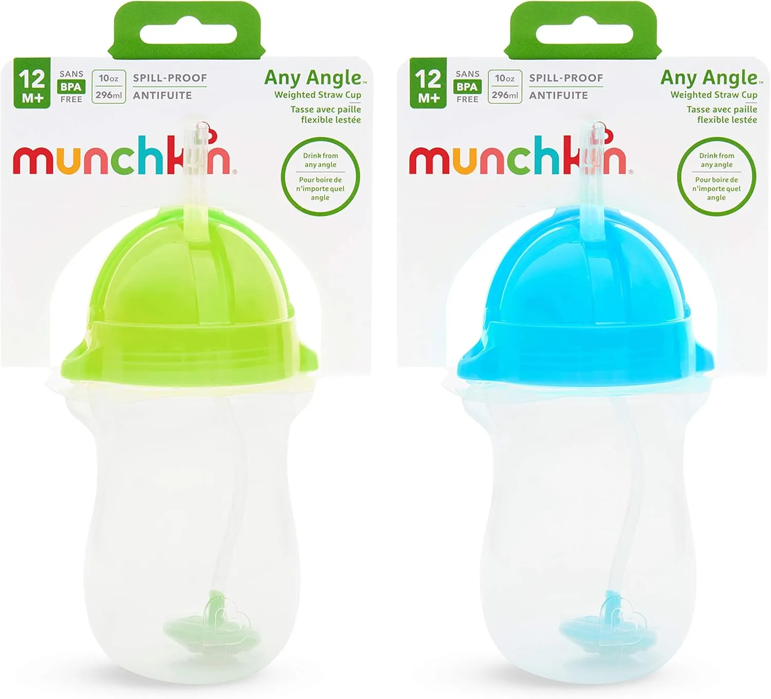 Munchkin Any Angle Weighted Toddler Straw Cups with Click Lock Lid, 10 Ounce, 2 Pack, Blue/Green