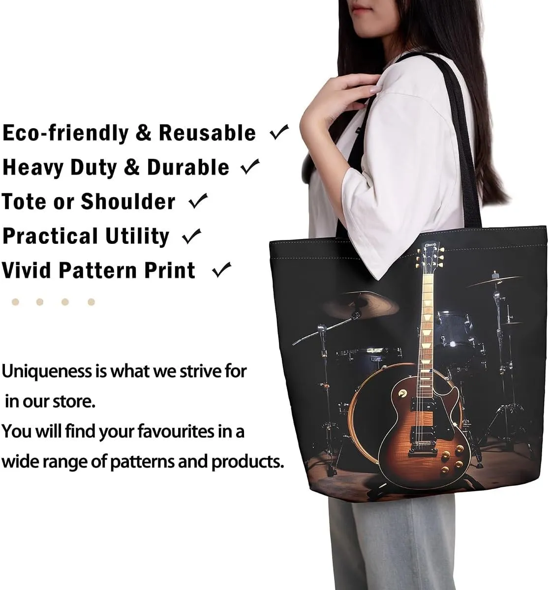 Musical Instruments Shoulder Handbags 19.7x15.7 Inch,Guitar Drum Kit Canvas Tote Bag,Hip Hop Music Travel Bag