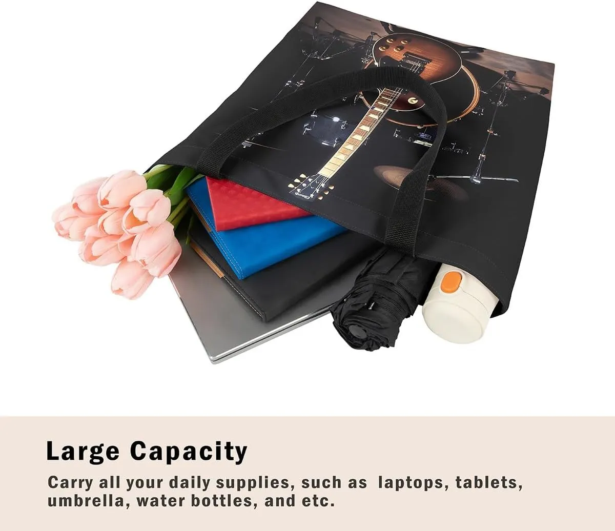 Musical Instruments Shoulder Handbags 19.7x15.7 Inch,Guitar Drum Kit Canvas Tote Bag,Hip Hop Music Travel Bag