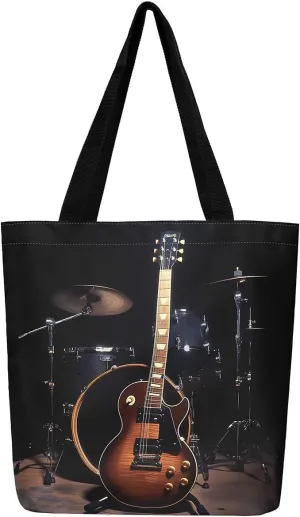 Musical Instruments Shoulder Handbags 19.7x15.7 Inch,Guitar Drum Kit Canvas Tote Bag,Hip Hop Music Travel Bag