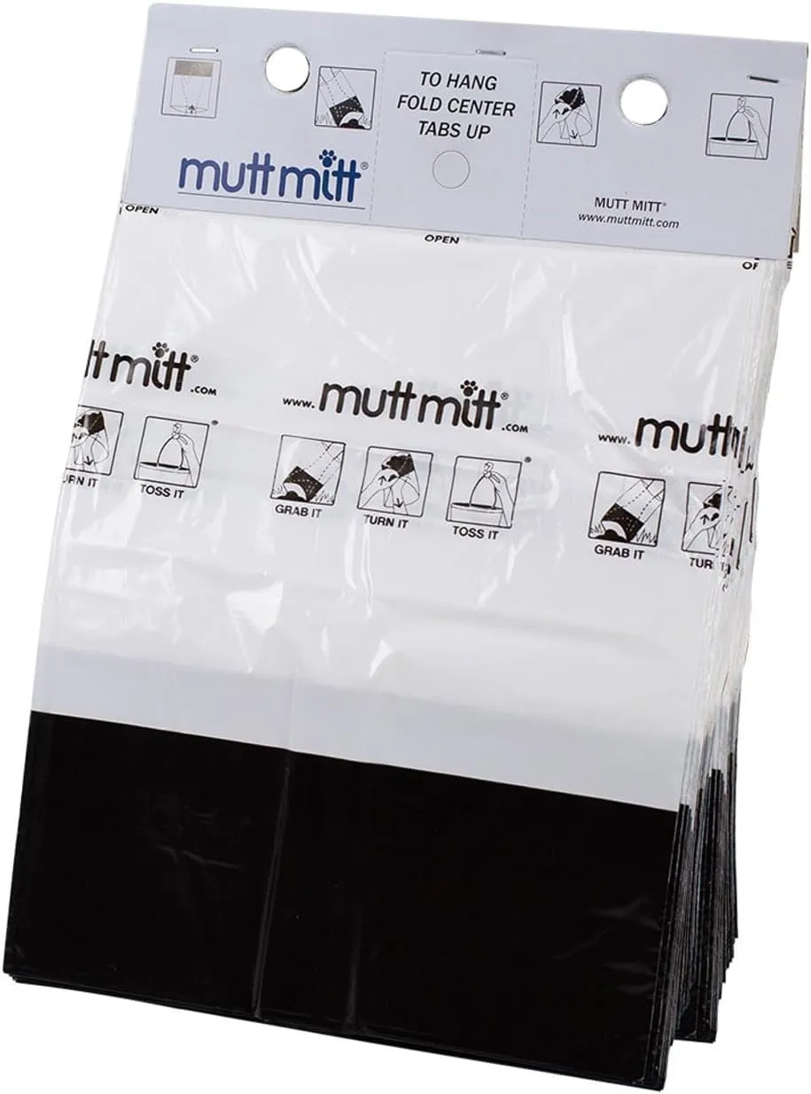 Mutt Mitt® New Listing, Same 100 White & Black 2-Ply Dog Waste Bags on 1 Dog Waste Bag Station Header - 300% Thicker than mini roll dog waste bags - no more warm & yuck feeling