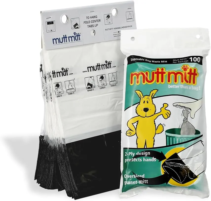 Mutt Mitt® New Listing, Same 100 White & Black 2-Ply Dog Waste Bags on 1 Dog Waste Bag Station Header - 300% Thicker than mini roll dog waste bags - no more warm & yuck feeling