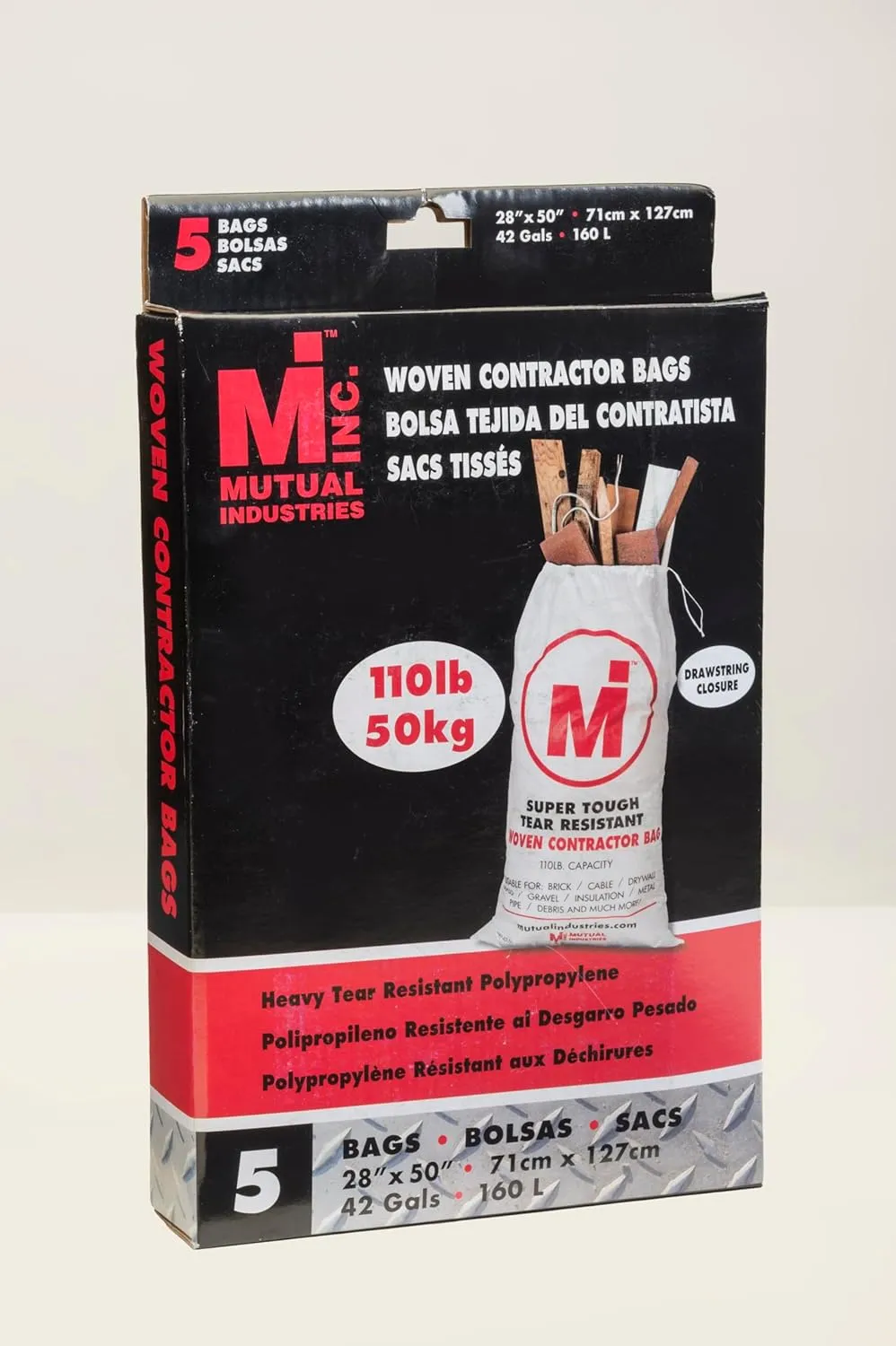 Mutual Industries Heavy Duty Woven Contractor Bag white, "28""x50""" 5 in a box. 110 pound Capacity