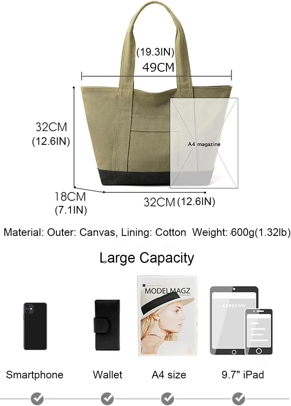 natyrlpog Canvas Tote Bag for Women A4 Large Capacity Handbag with Zipper Shoulder Hobo Bag for Shopping Travel Work