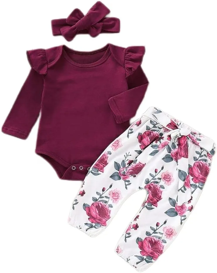Newborn Baby Girl Clothes, Infant Girl Outfits Long Sleeve Ruffle Romper   Floral Pants   Headband Set