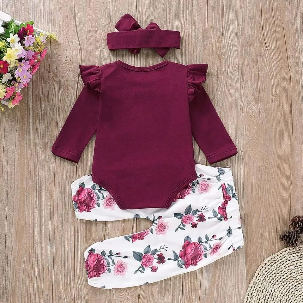 Newborn Baby Girl Clothes, Infant Girl Outfits Long Sleeve Ruffle Romper   Floral Pants   Headband Set