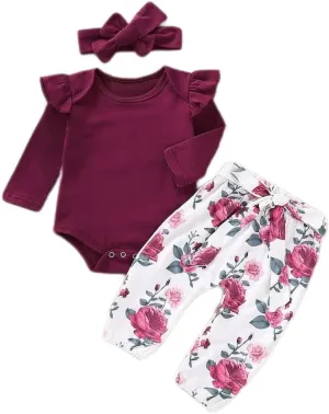 Newborn Baby Girl Clothes, Infant Girl Outfits Long Sleeve Ruffle Romper   Floral Pants   Headband Set