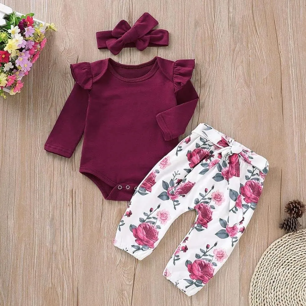 Newborn Baby Girl Clothes, Infant Girl Outfits Long Sleeve Ruffle Romper   Floral Pants   Headband Set