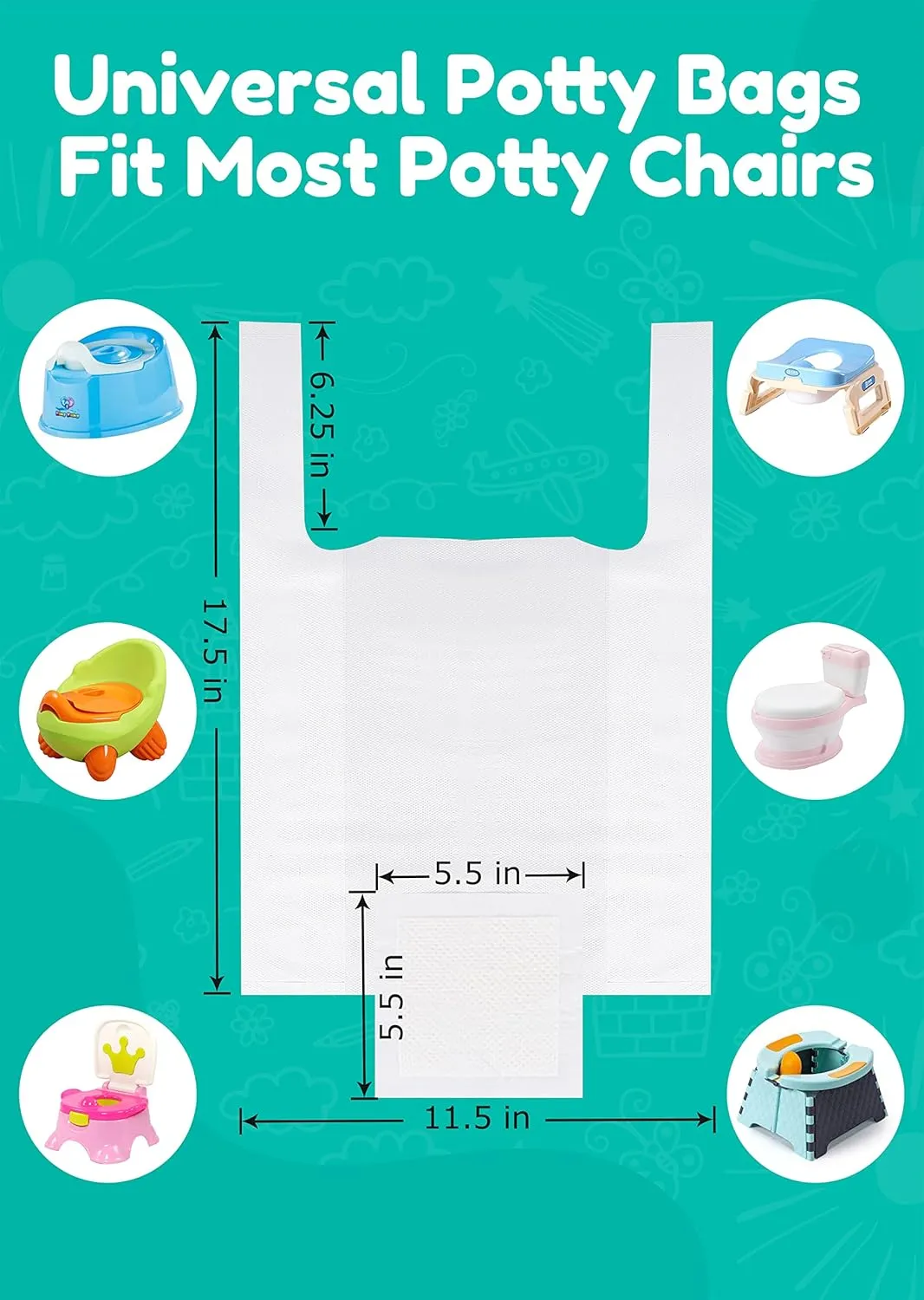 Newnice 60 Packs Disposable Potty Liners with 200ML Absorbent Pads, Portable Travel Potty Bags Compatible with OXO Tot 2-in-1 Go Potty, Potty Training Liners Fit Most Potty Chairs for Kids, Toddlers