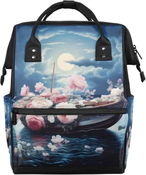 Night Boat Flowers Diaper Bag Mommy Bags With Adjustable Shoulder Strap Waterproof Multifunction Shoulder Bag Travel Large Capacity Backpack for Moms And Dads