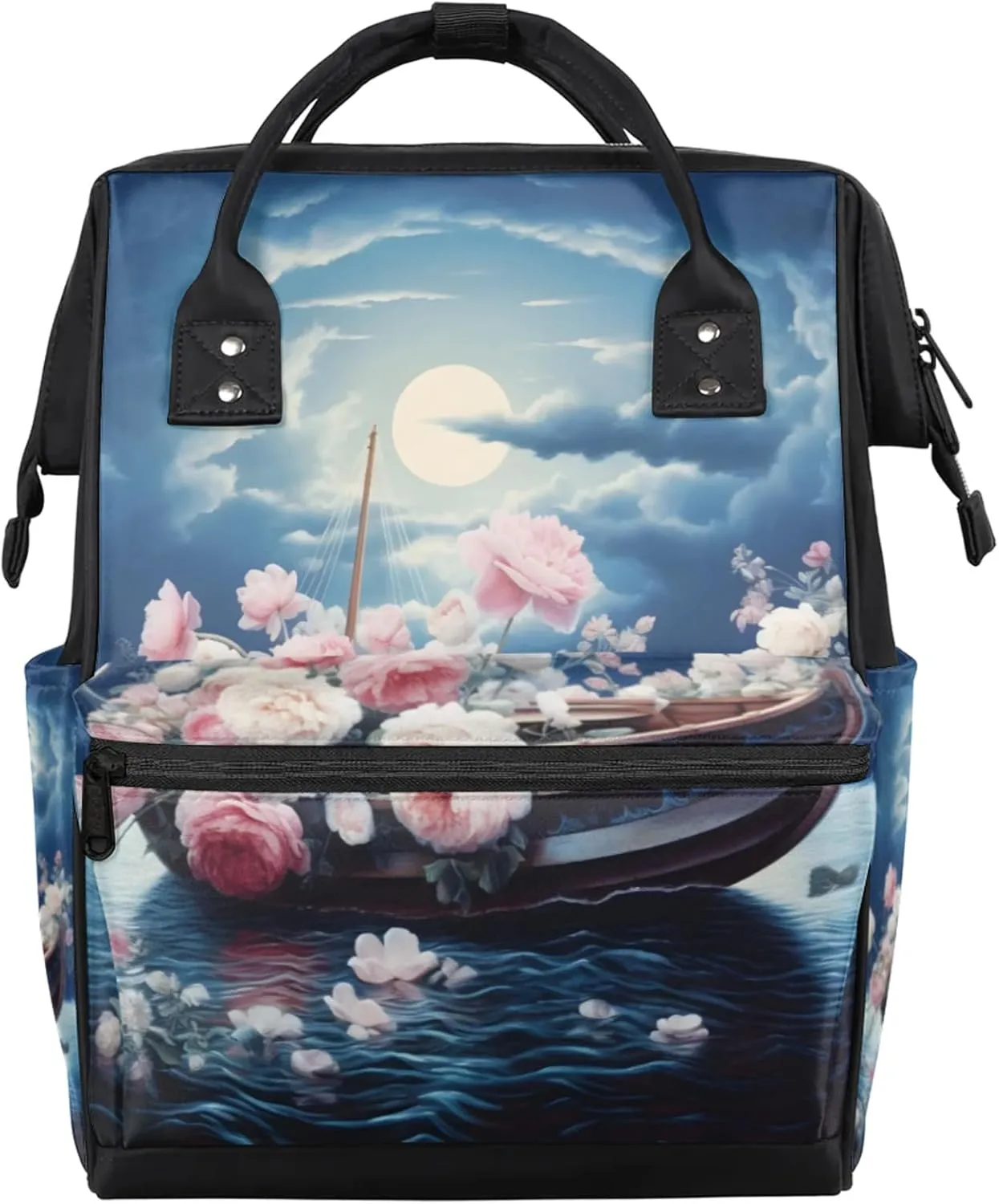 Night Boat Flowers Diaper Bag Mommy Bags With Adjustable Shoulder Strap Waterproof Multifunction Shoulder Bag Travel Large Capacity Backpack for Moms And Dads