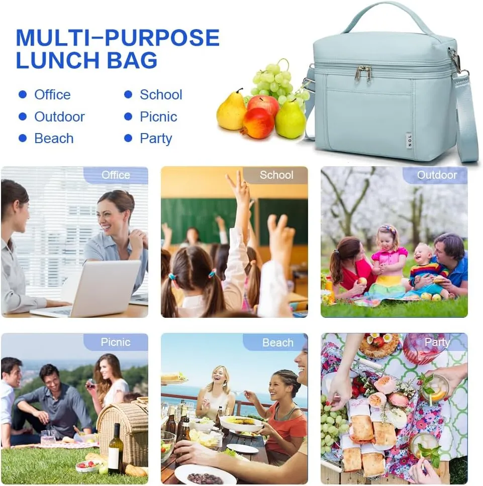 NOL Natural Organic Lifestyle Insulated Lunch Bags for Women Cooler Bag Lightweight Nylon Waterproof Lunch Box For Work (Light blue, Medium(normal))