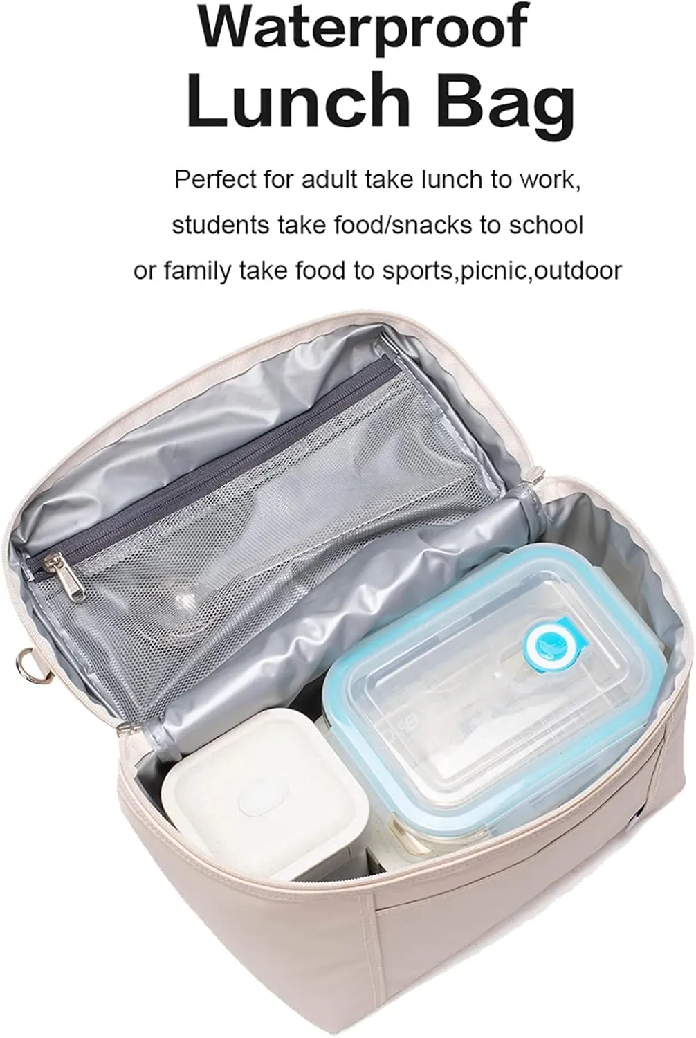 NOL Natural Organic Lifestyle Insulated Lunch Bags for Women Cooler Bag Lightweight Nylon Waterproof Lunch Box For Work（Medium, Cream