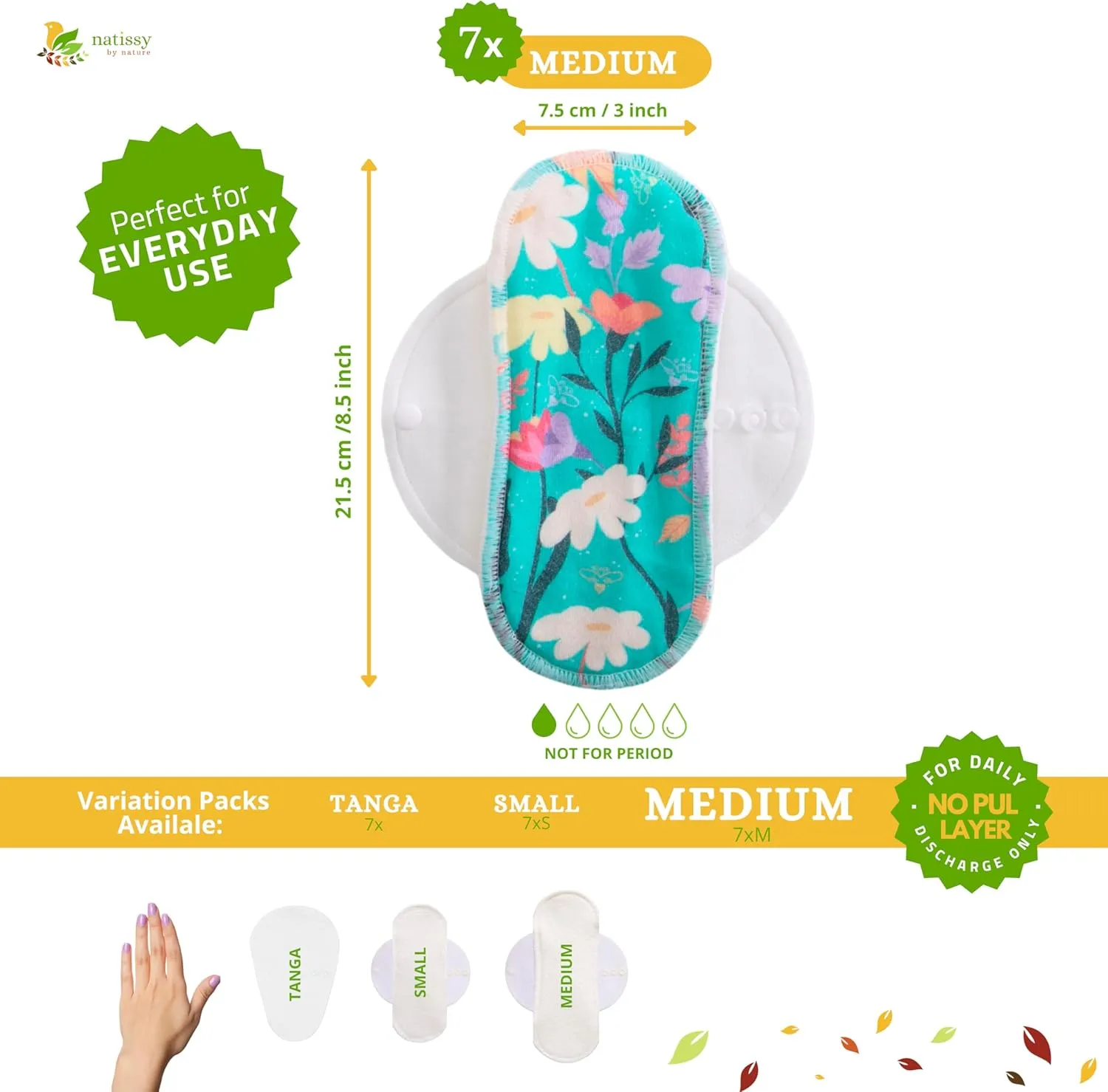 Non-Slip Premium Reusable Panty Liners for Women & Teens (M, 7-Pack); High-Temp Washable Organic Cotton Cloth Liners; Stay Fresh & Dry, for Daily Vaginal Discharge Only; 100% Breathable (no PUL/TPU)