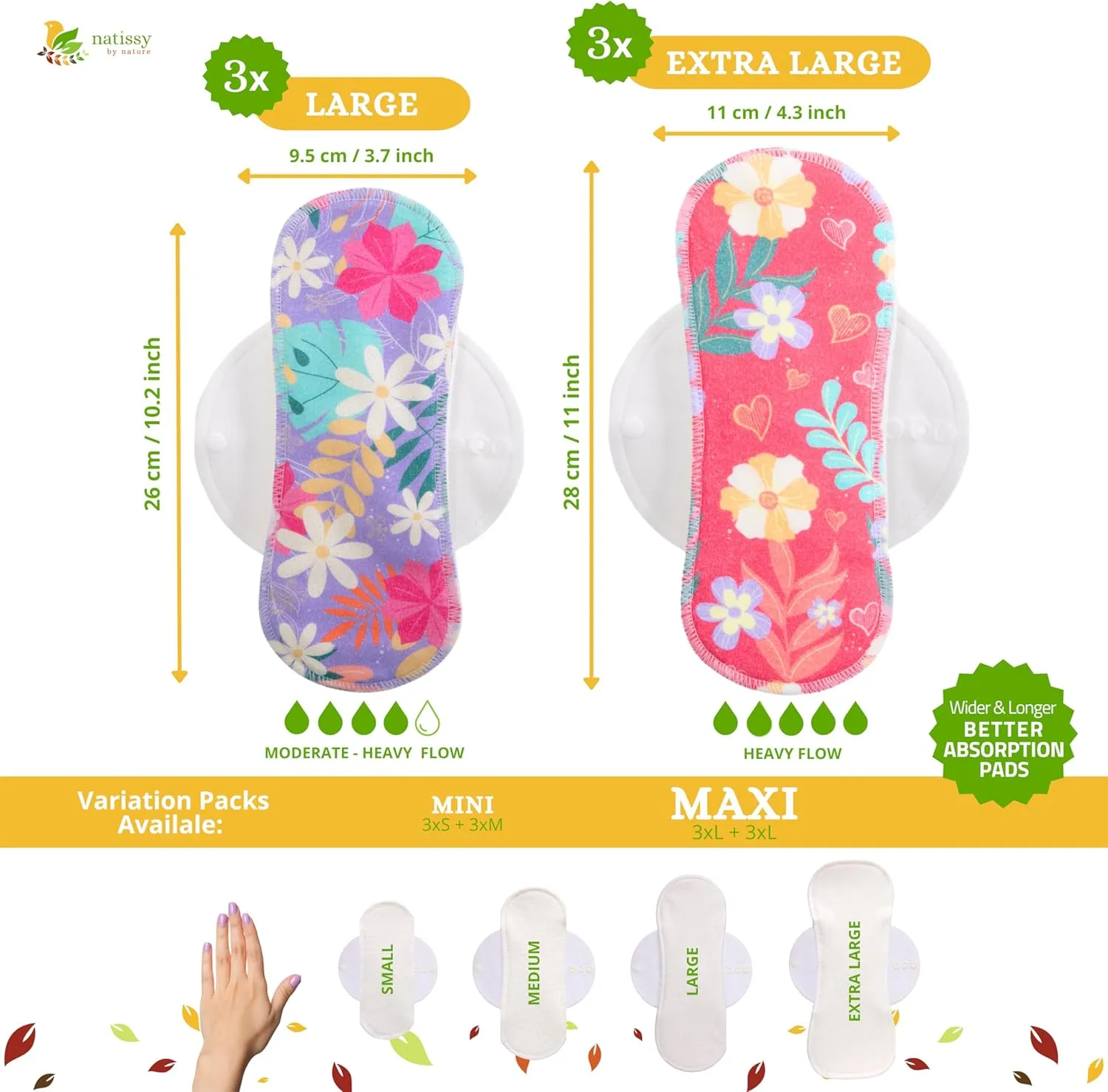 Non-Slip Premium Reusable Period Pads for Heavy Flow & Incontinence (L XL, 6-Pack); High-Temp Organic Cotton Washable Cloth Pads for Women; Non-Irritating Reusable Pad Menstrual for Comfortable Care