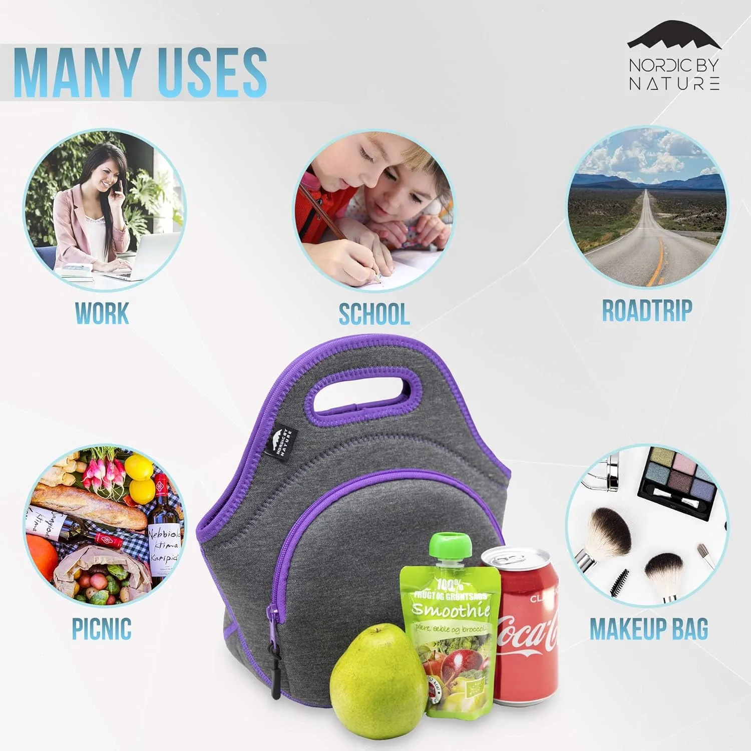 Nordic By Nature Neoprene Lunch Bag for Women & Lunch tote for Kids Insulated Lunch bag Reusable Washable Extra Thick Neoprene & Soft Cotton Feel, Premium Stitching, Outside Pocket, (M) Purple