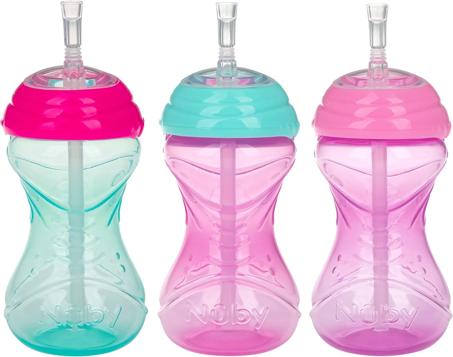 Nuby 3 Piece No-Spill Easy Grip Cup with Flex Straw, Clik It Lock Feature, Girl, 10 Ounce