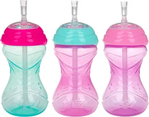 Nuby 3 Piece No-Spill Easy Grip Cup with Flex Straw, Clik It Lock Feature, Girl, 10 Ounce