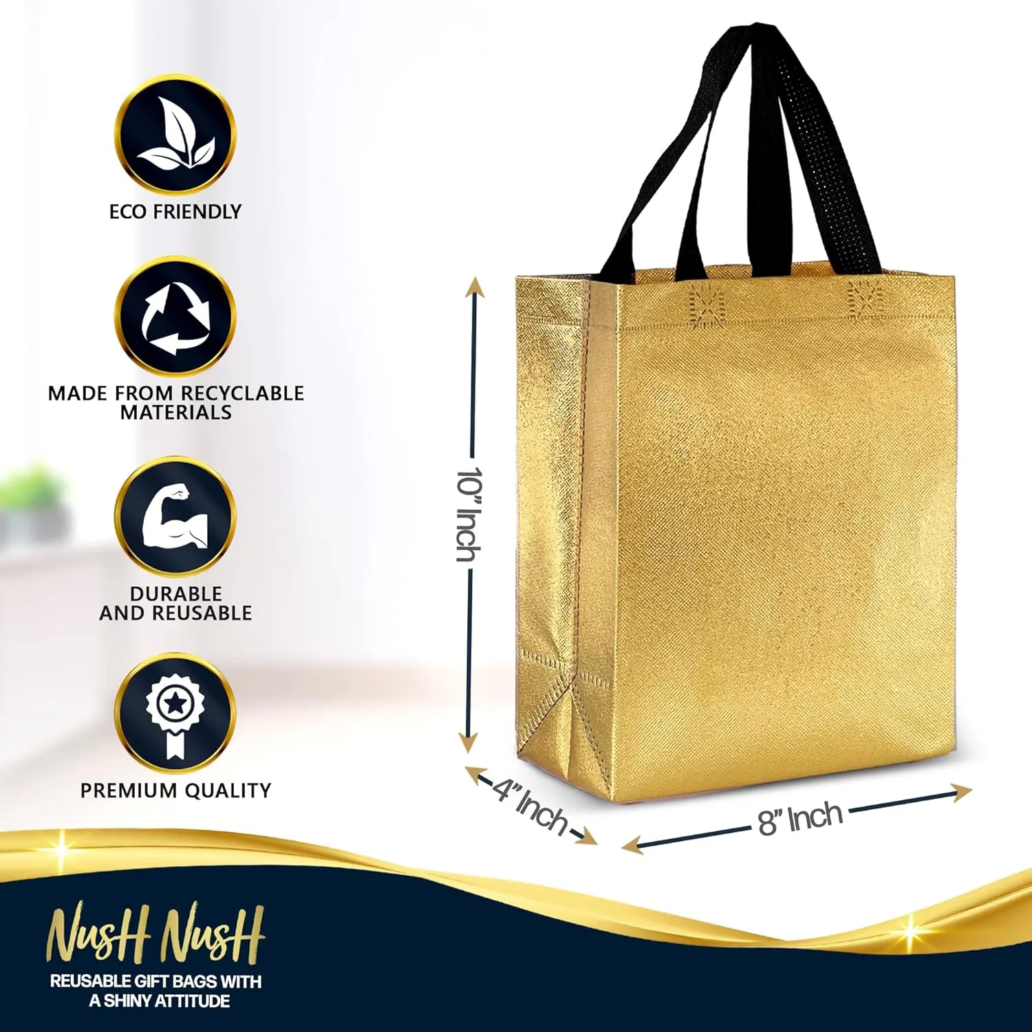 Nush Nush Black & Gold Gift Bags - Medium Size Set of 12 Reusable Bags - 6 Black, 6 Gold - Perfect for Birthday, Anniversary, Graduation - 8x4x10