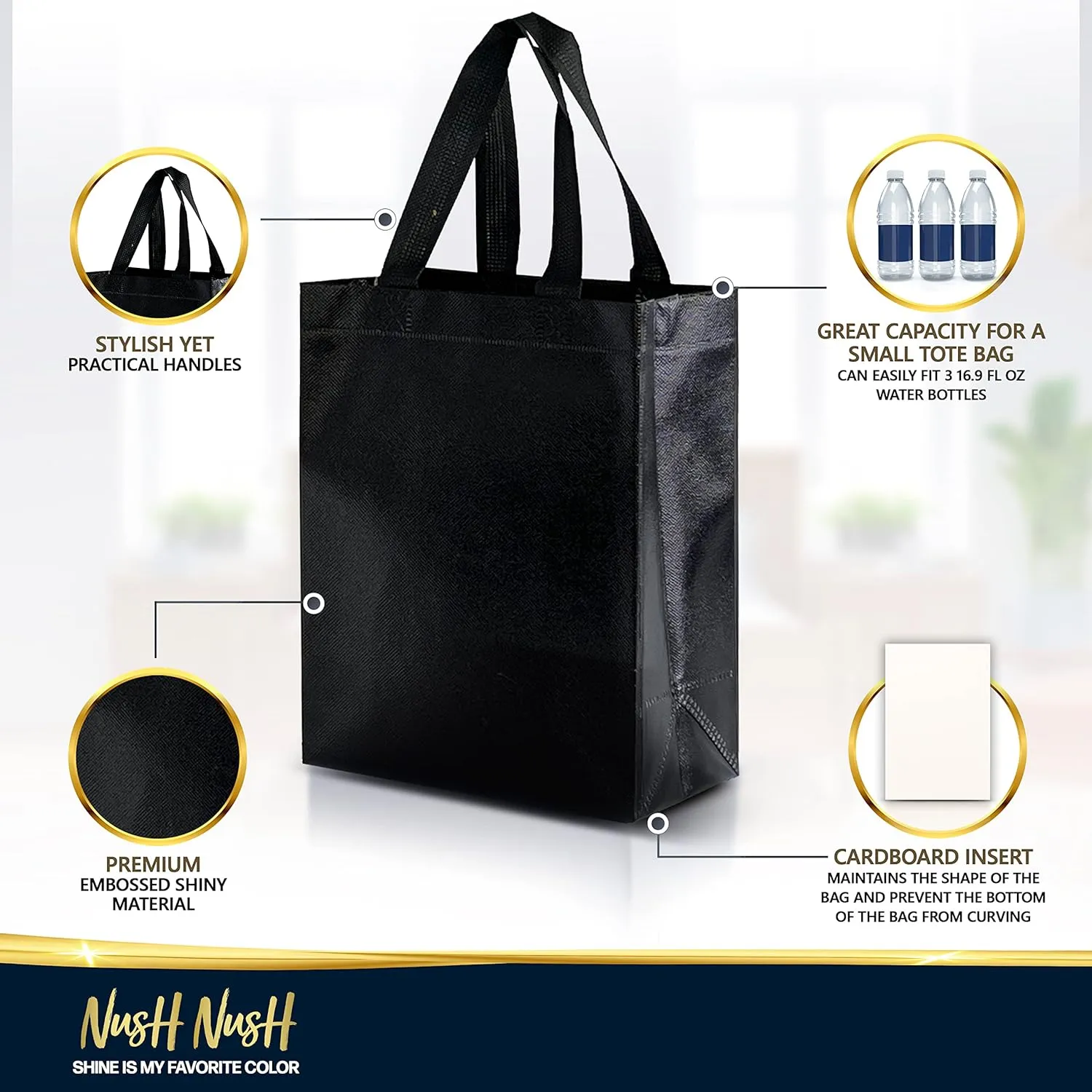 Nush Nush Black & Gold Gift Bags - Medium Size Set of 12 Reusable Bags - 6 Black, 6 Gold - Perfect for Birthday, Anniversary, Graduation - 8x4x10