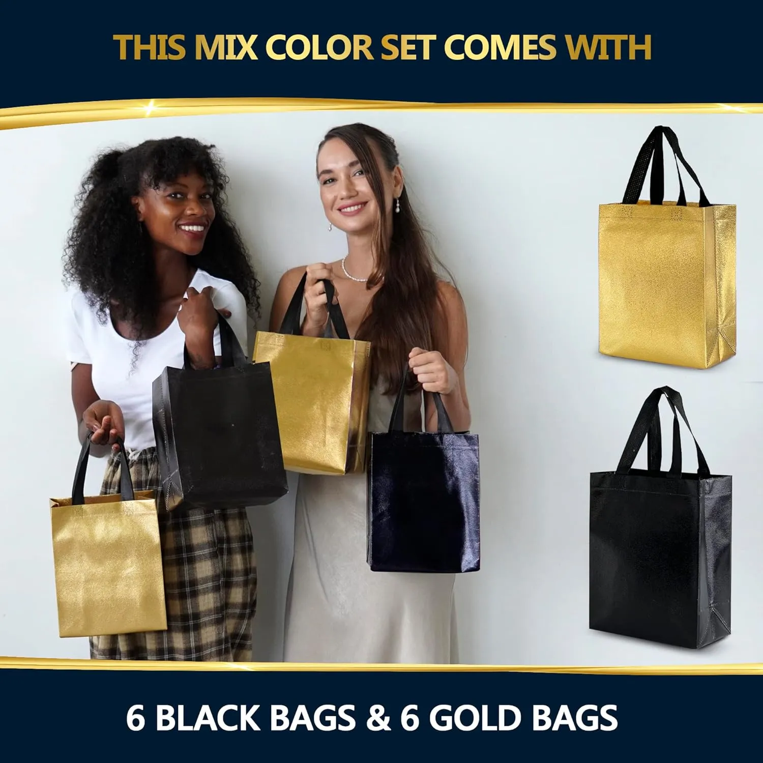 Nush Nush Black & Gold Gift Bags - Medium Size Set of 12 Reusable Bags - 6 Black, 6 Gold - Perfect for Birthday, Anniversary, Graduation - 8x4x10