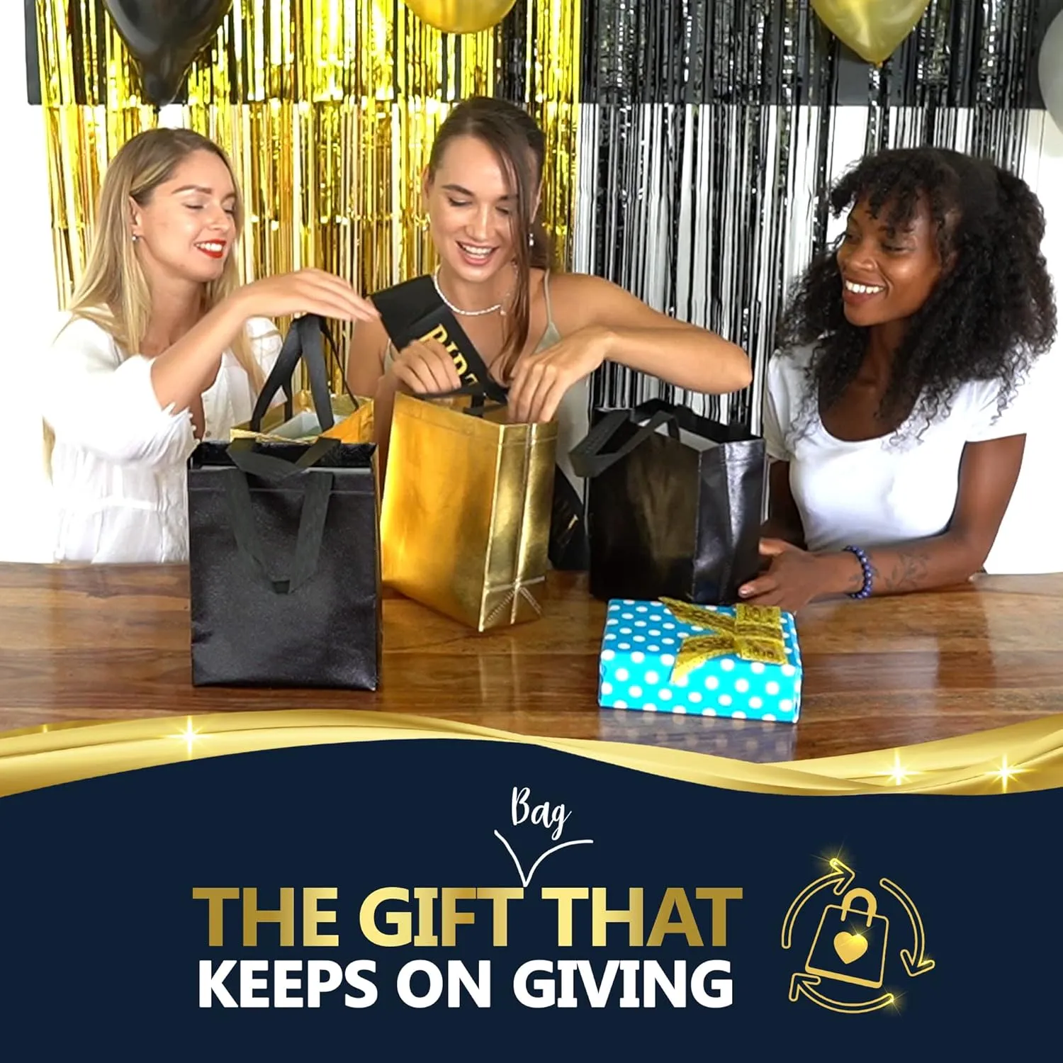 Nush Nush Black & Gold Gift Bags - Medium Size Set of 12 Reusable Bags - 6 Black, 6 Gold - Perfect for Birthday, Anniversary, Graduation - 8x4x10