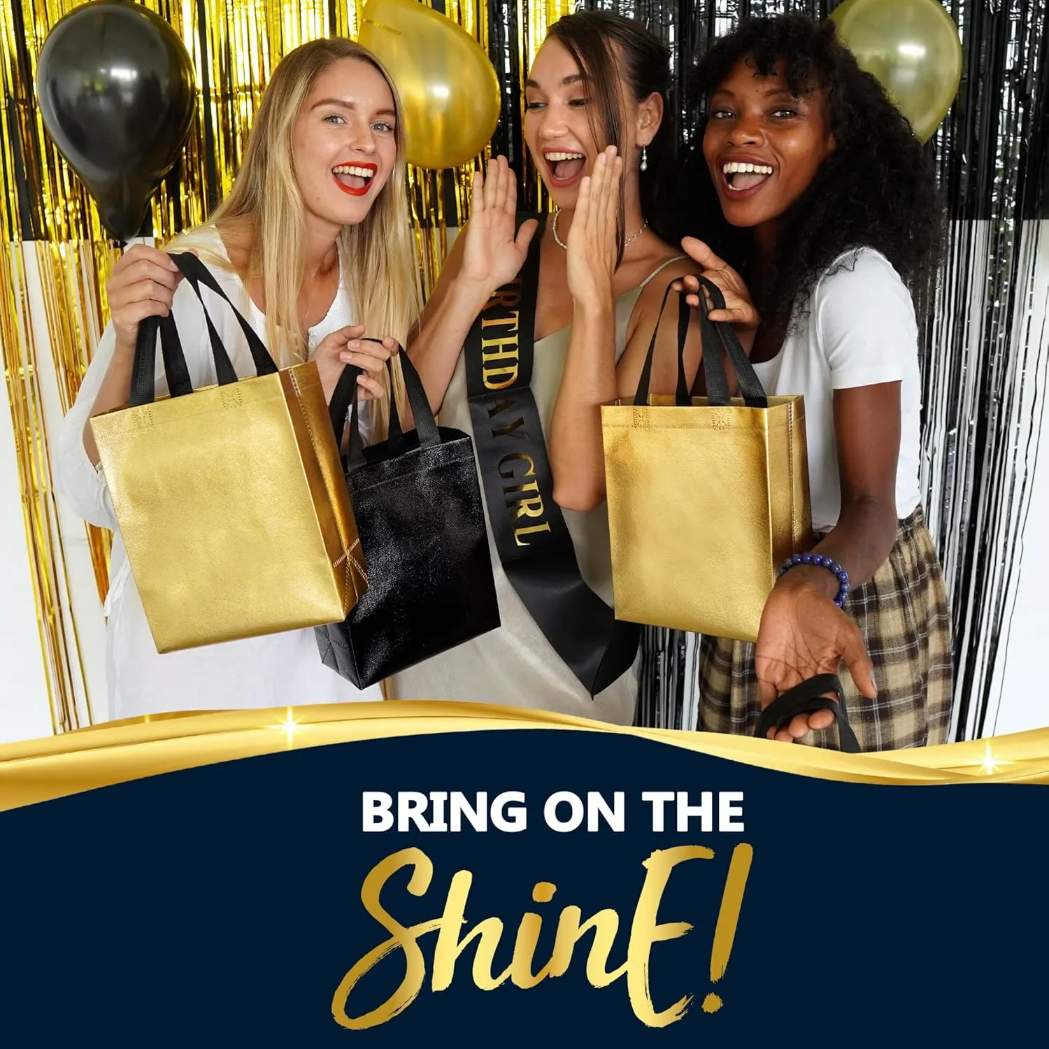 Nush Nush Black & Gold Gift Bags - Medium Size Set of 12 Reusable Bags - 6 Black, 6 Gold - Perfect for Birthday, Anniversary, Graduation - 8x4x10