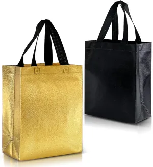 Nush Nush Black & Gold Gift Bags - Medium Size Set of 12 Reusable Bags - 6 Black, 6 Gold - Perfect for Birthday, Anniversary, Graduation - 8x4x10