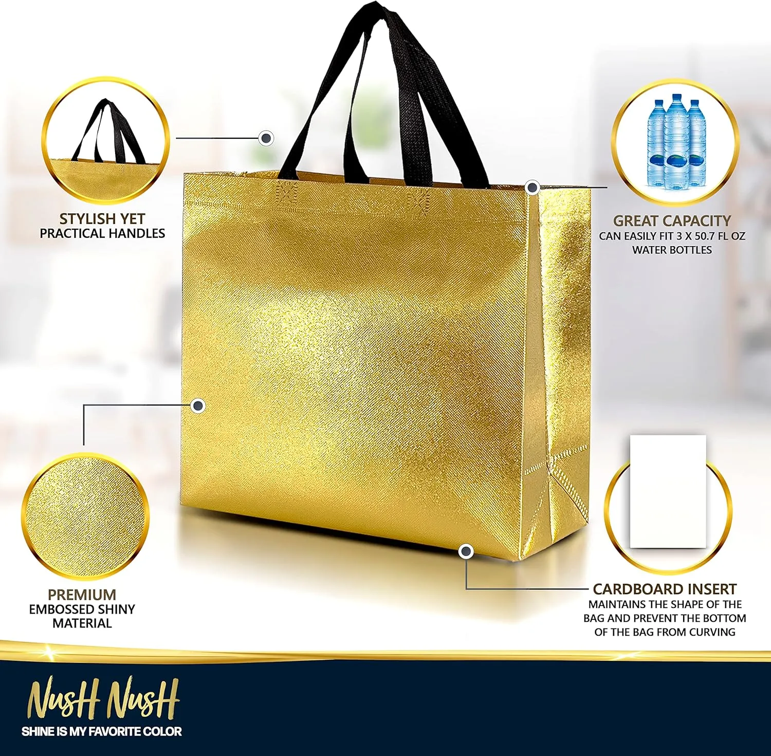 Nush Nush Gold Gift Bags - Large Size Set of 12 Reusable Gift Bags With Handles - Perfect For Christmas, Parties, Goodies - 13Wx5Dx11H