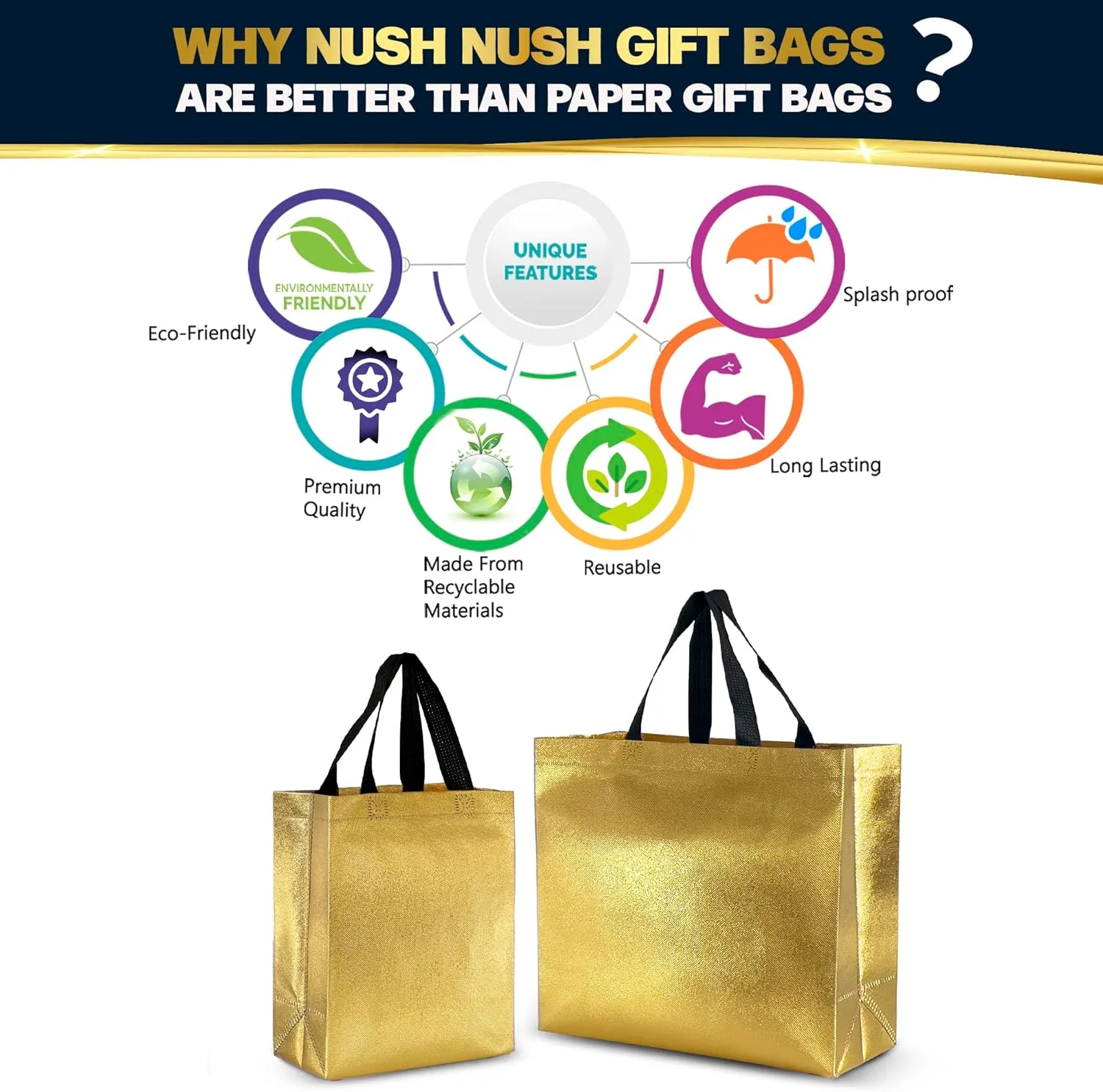 Nush Nush Gold Gift Bags - Large Size Set of 12 Reusable Gift Bags With Handles - Perfect For Christmas, Parties, Goodies - 13Wx5Dx11H