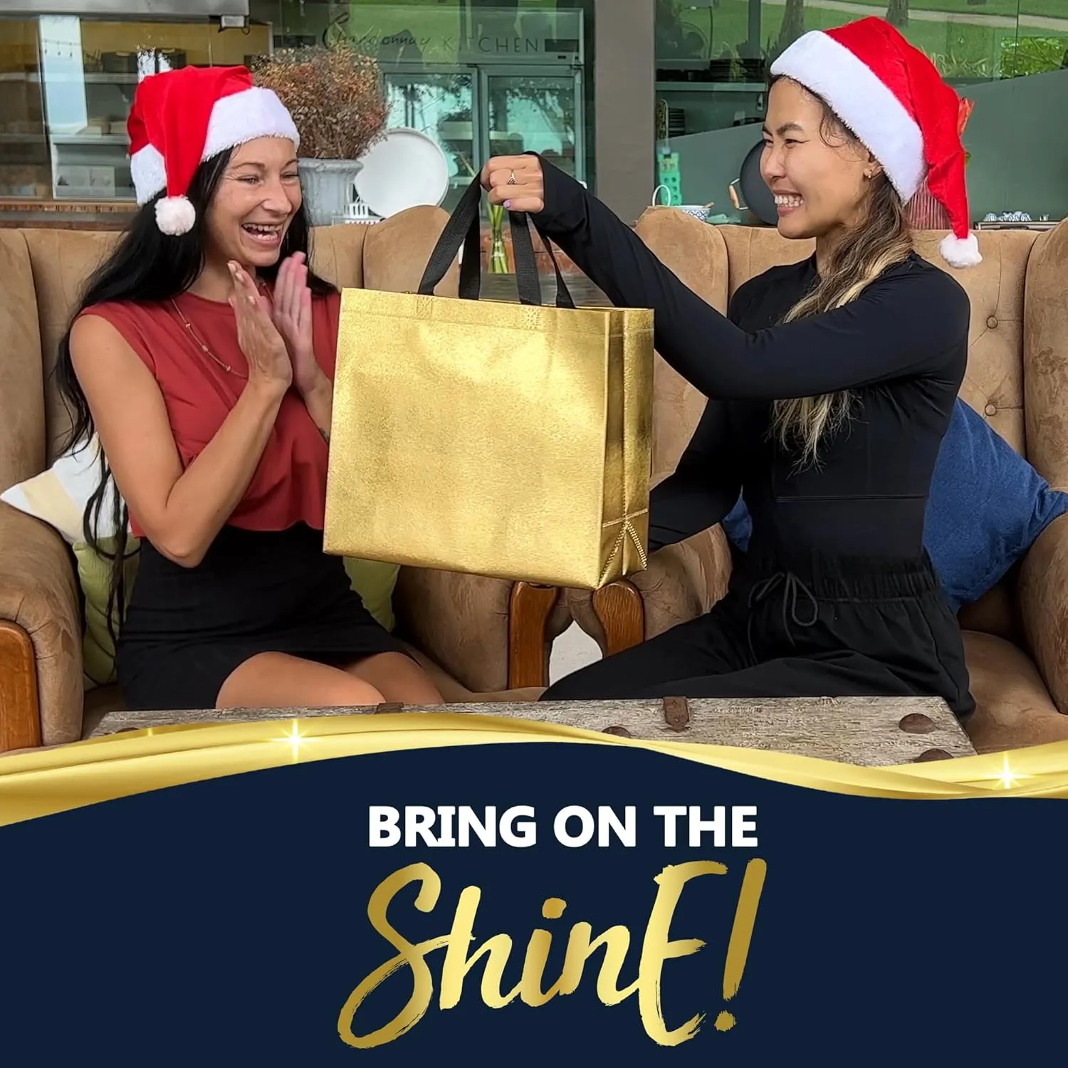 Nush Nush Gold Gift Bags - Large Size Set of 12 Reusable Gift Bags With Handles - Perfect For Christmas, Parties, Goodies - 13Wx5Dx11H