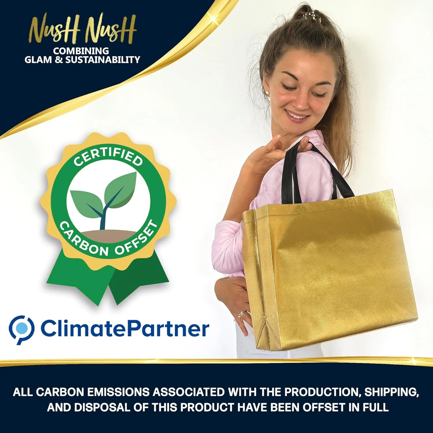Nush Nush Gold Gift Bags - Large Size Set of 12 Reusable Gift Bags With Handles - Perfect For Christmas, Parties, Goodies - 13Wx5Dx11H