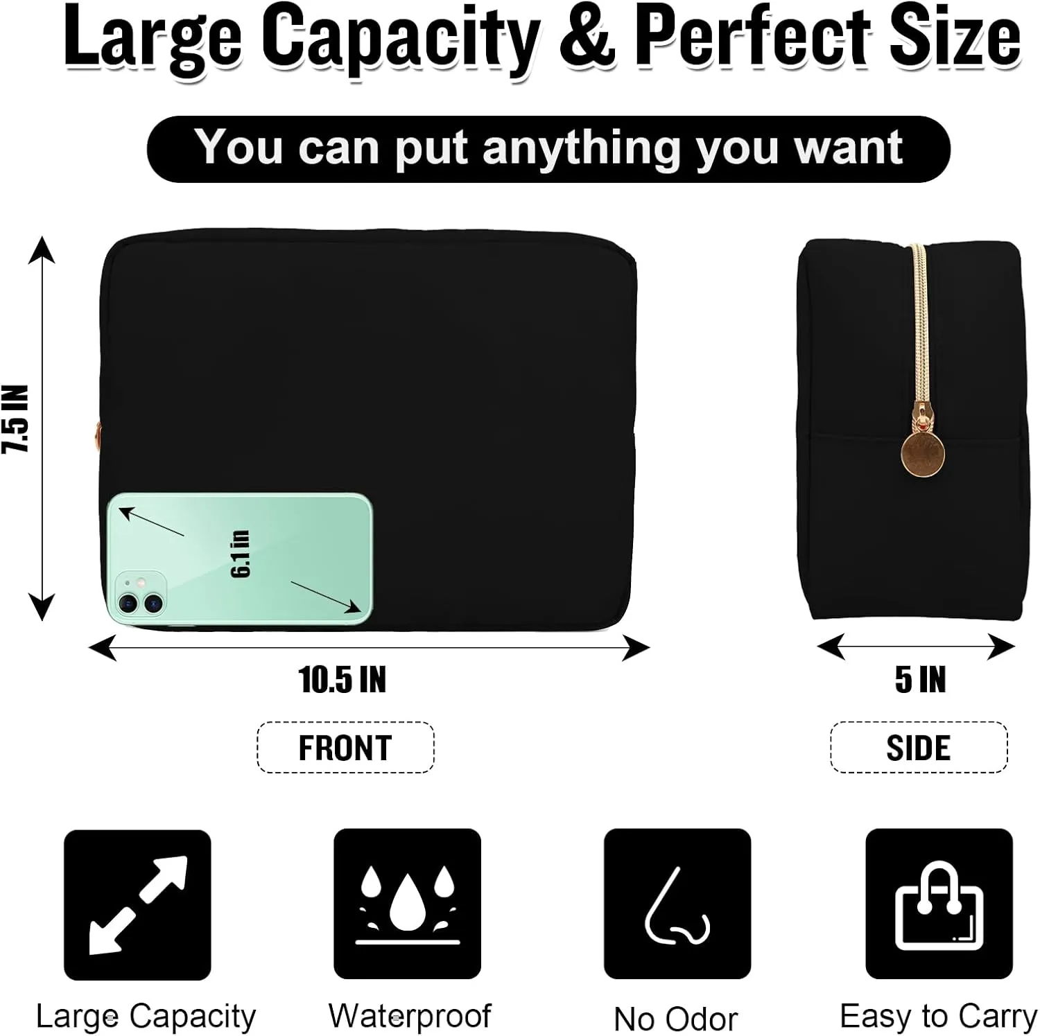 Nylon Large Makeup Bag Travel Pouch for Women, Preppy Big Black Makeup Bag Cute Cosmetic Zipper Pouch Purse, DIY Chenille Letter Bag Waterproof Toiletry Bag Clutch Make Up Organizer for Girls(Black)