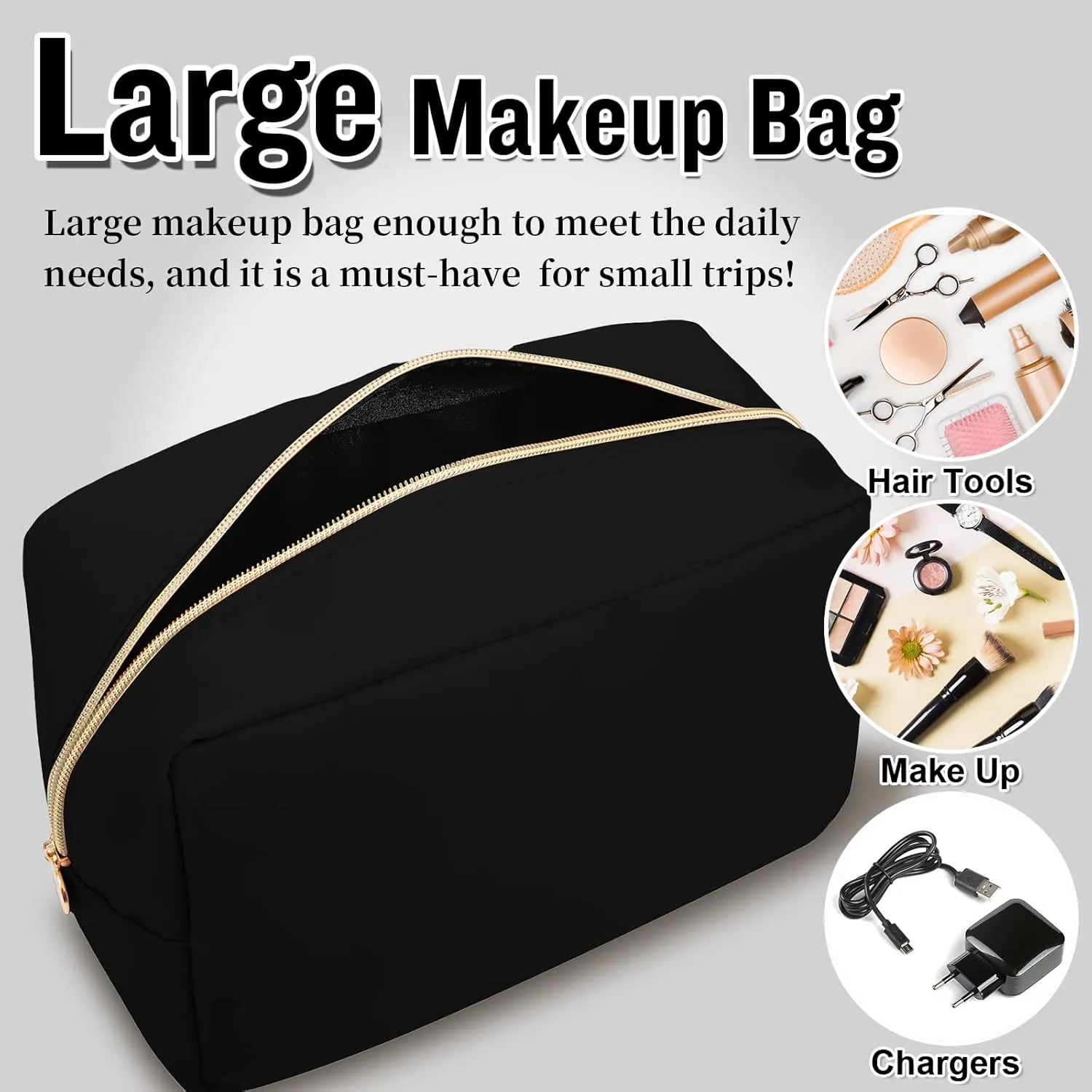 Nylon Large Makeup Bag Travel Pouch for Women, Preppy Big Black Makeup Bag Cute Cosmetic Zipper Pouch Purse, DIY Chenille Letter Bag Waterproof Toiletry Bag Clutch Make Up Organizer for Girls(Black)