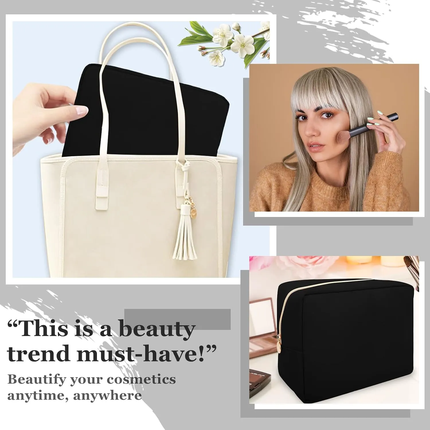 Nylon Large Makeup Bag Travel Pouch for Women, Preppy Big Black Makeup Bag Cute Cosmetic Zipper Pouch Purse, DIY Chenille Letter Bag Waterproof Toiletry Bag Clutch Make Up Organizer for Girls(Black)