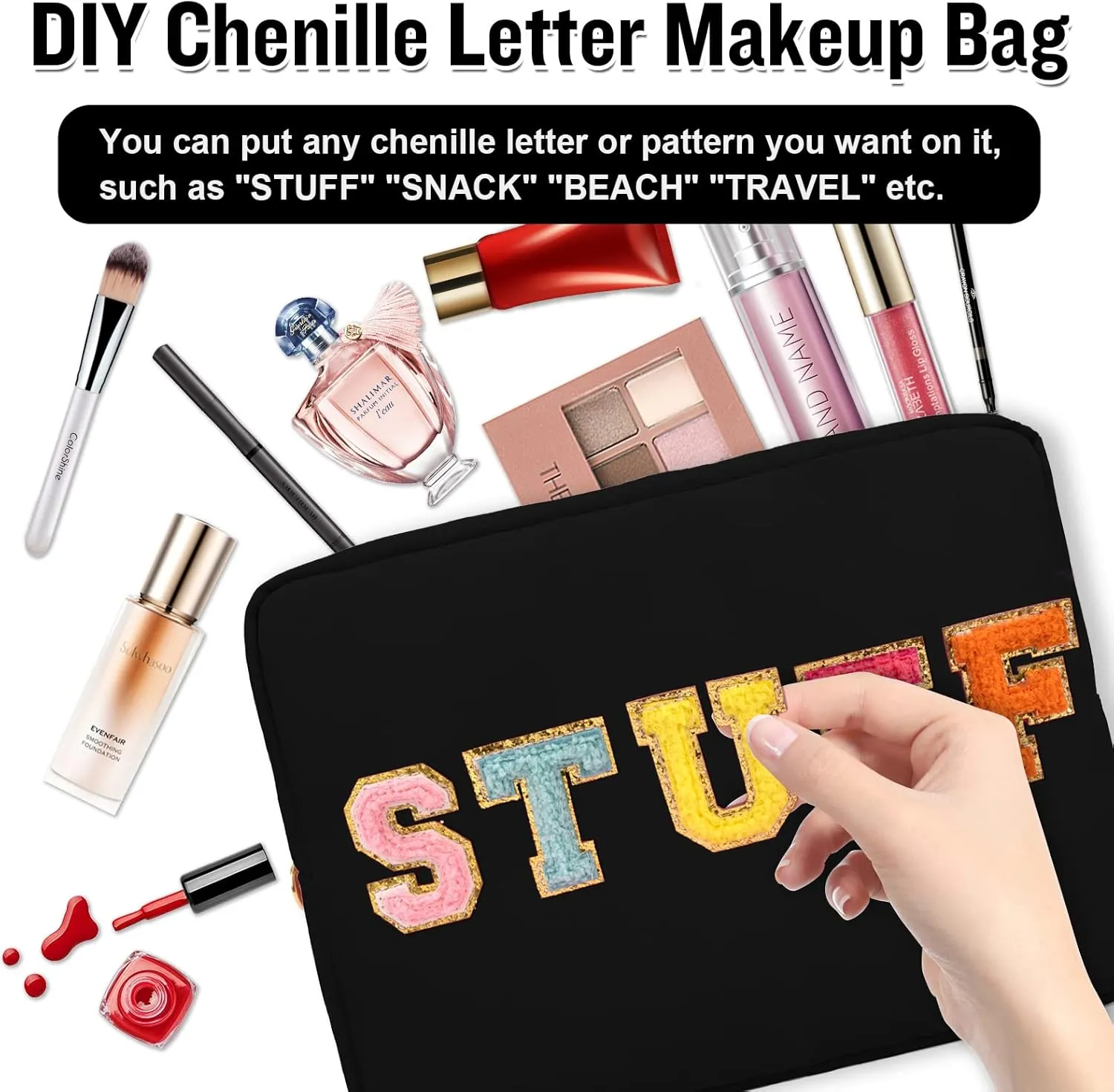 Nylon Large Makeup Bag Travel Pouch for Women, Preppy Big Black Makeup Bag Cute Cosmetic Zipper Pouch Purse, DIY Chenille Letter Bag Waterproof Toiletry Bag Clutch Make Up Organizer for Girls(Black)