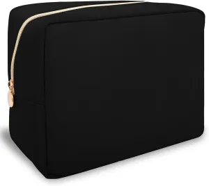 Nylon Large Makeup Bag Travel Pouch for Women, Preppy Big Black Makeup Bag Cute Cosmetic Zipper Pouch Purse, DIY Chenille Letter Bag Waterproof Toiletry Bag Clutch Make Up Organizer for Girls(Black)