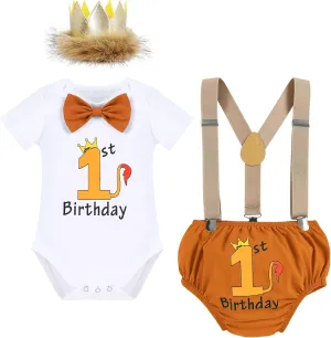 ODASDO Baby Boy Jungle Safari Theme 1st 2nd Birthday Cake Smash Outfit Romper T-shirt Shorts Suspenders Headband Set