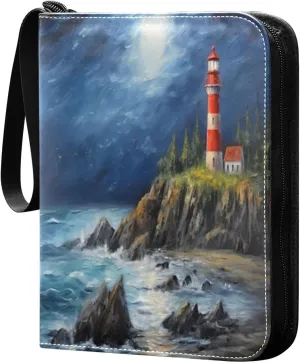 Oil Painting Lighthouse Card Binder 4-Pocket Leather Cover 400 Pockets Card Album Holder Removable Display Storage for Trading Cards, Game Cards, Collectibles