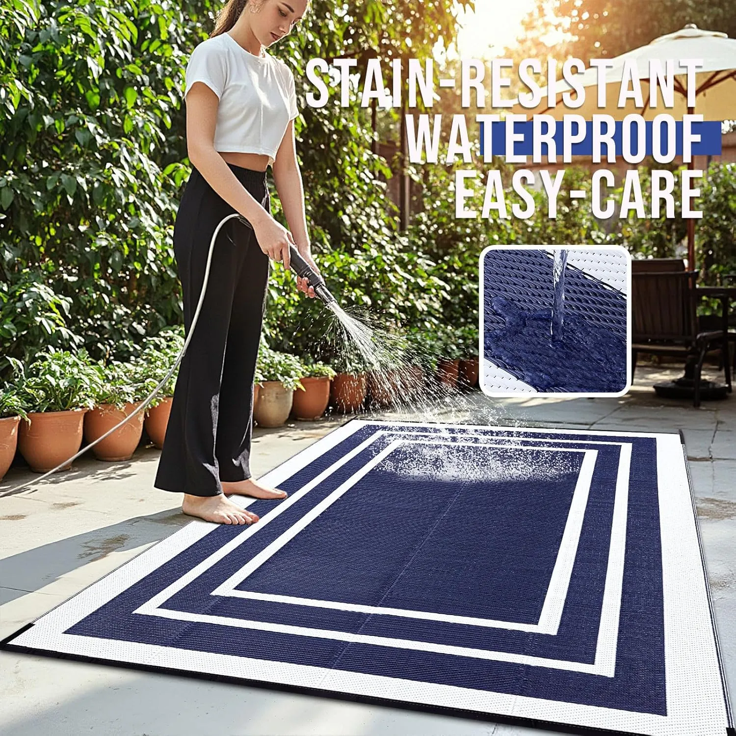 OLANLY Outdoor Rug 6x9 ft Waterproof, Reversible Outdoor Plastic Straw Rug, RV Mat, Indoor Outdoor Carpet Clearance for Patio, Camping, Balcony, Deck, Backyard, Navy & White