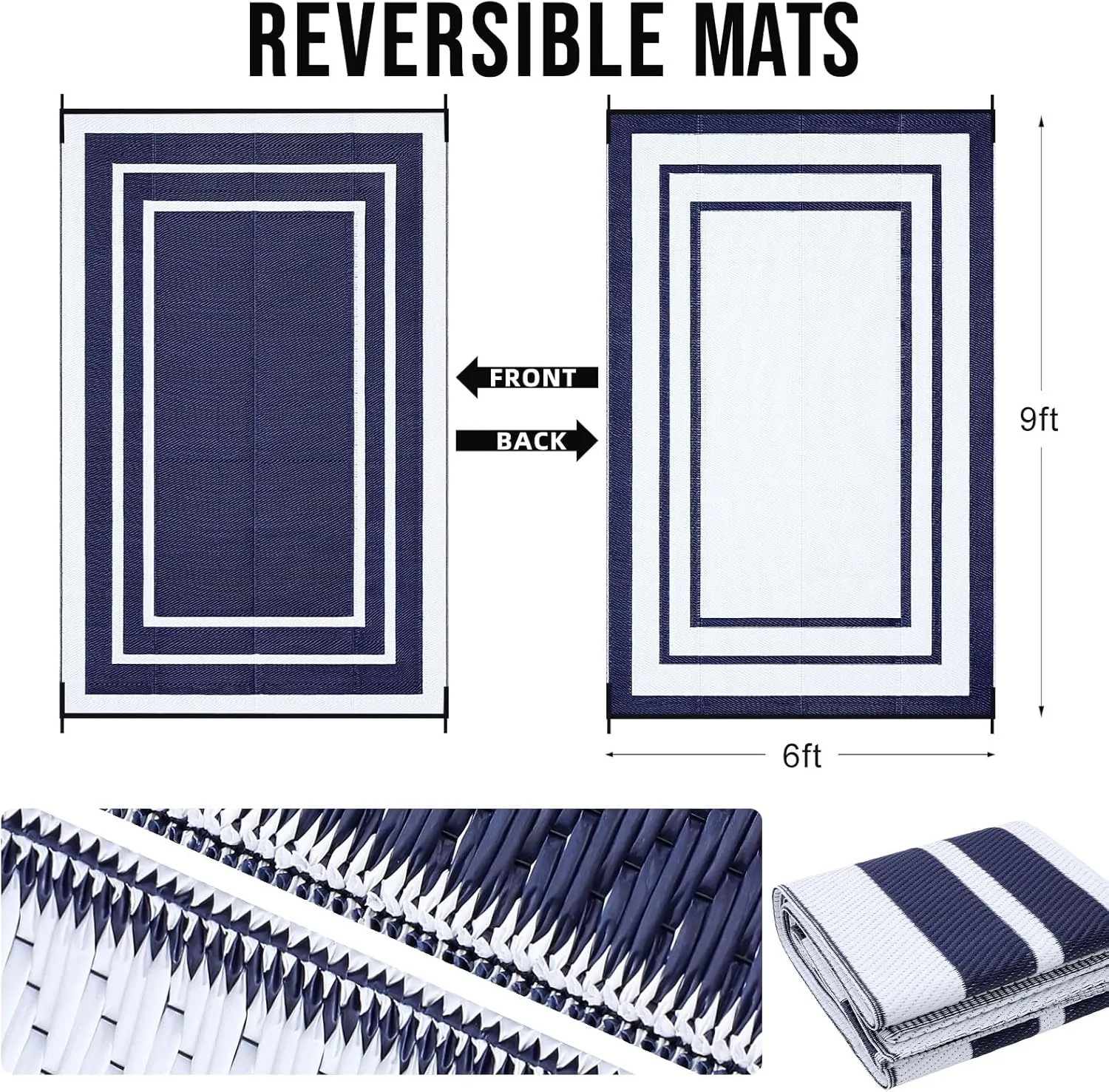 OLANLY Outdoor Rug 6x9 ft Waterproof, Reversible Outdoor Plastic Straw Rug, RV Mat, Indoor Outdoor Carpet Clearance for Patio, Camping, Balcony, Deck, Backyard, Navy & White