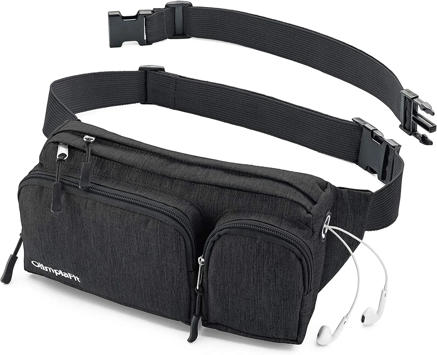 OlimpiaFit Fanny Pack for Women and Men - Waist Bag w/ 6 Anti-Theft Pockets & Plus Size Belt Extension - Water Resistant Travel Accessories - Black