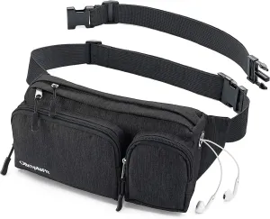 OlimpiaFit Fanny Pack for Women and Men - Waist Bag w/ 6 Anti-Theft Pockets & Plus Size Belt Extension - Water Resistant Travel Accessories - Black