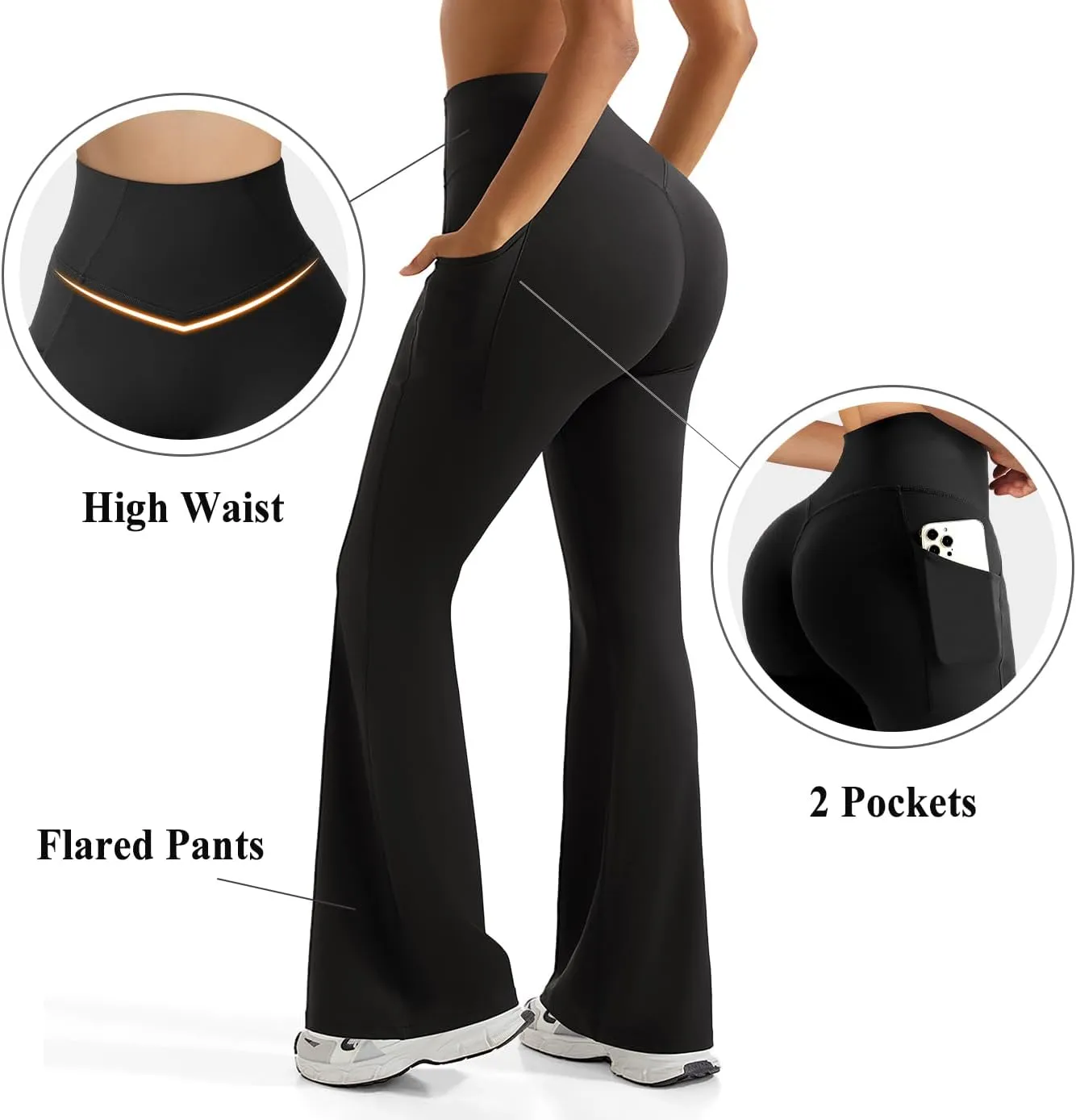 OMKAGI Women Flared Yoga Pants with Pockets Soft High Waisted Wide Leg Workout Leggings