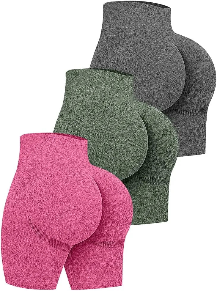 OQQ Women's 3 Piece High Waist Workout Shorts Butt Lifting Tummy Control Ruched Booty Smile Yoga Short Pants